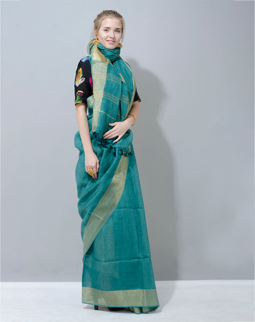 Bottle Green Handwoven Linen Designer Saree with Plain Border