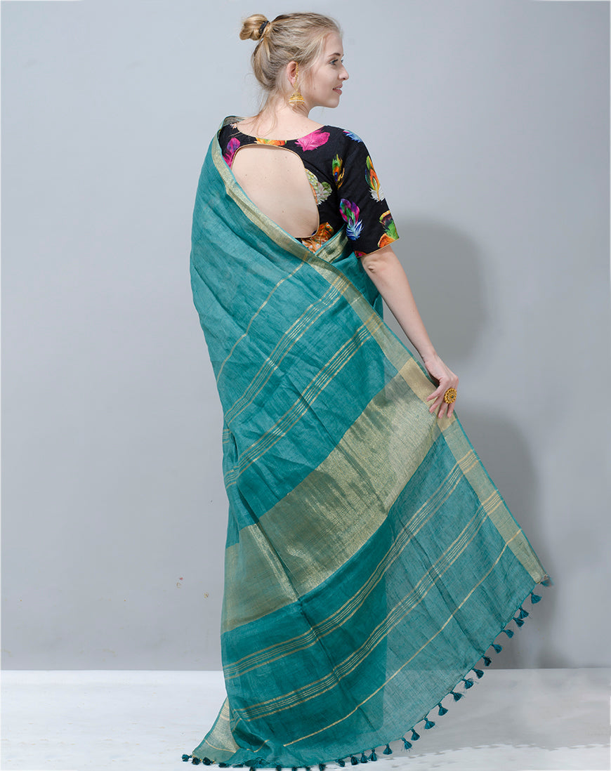 Bottle Green Handwoven Linen Designer Saree with Plain Border