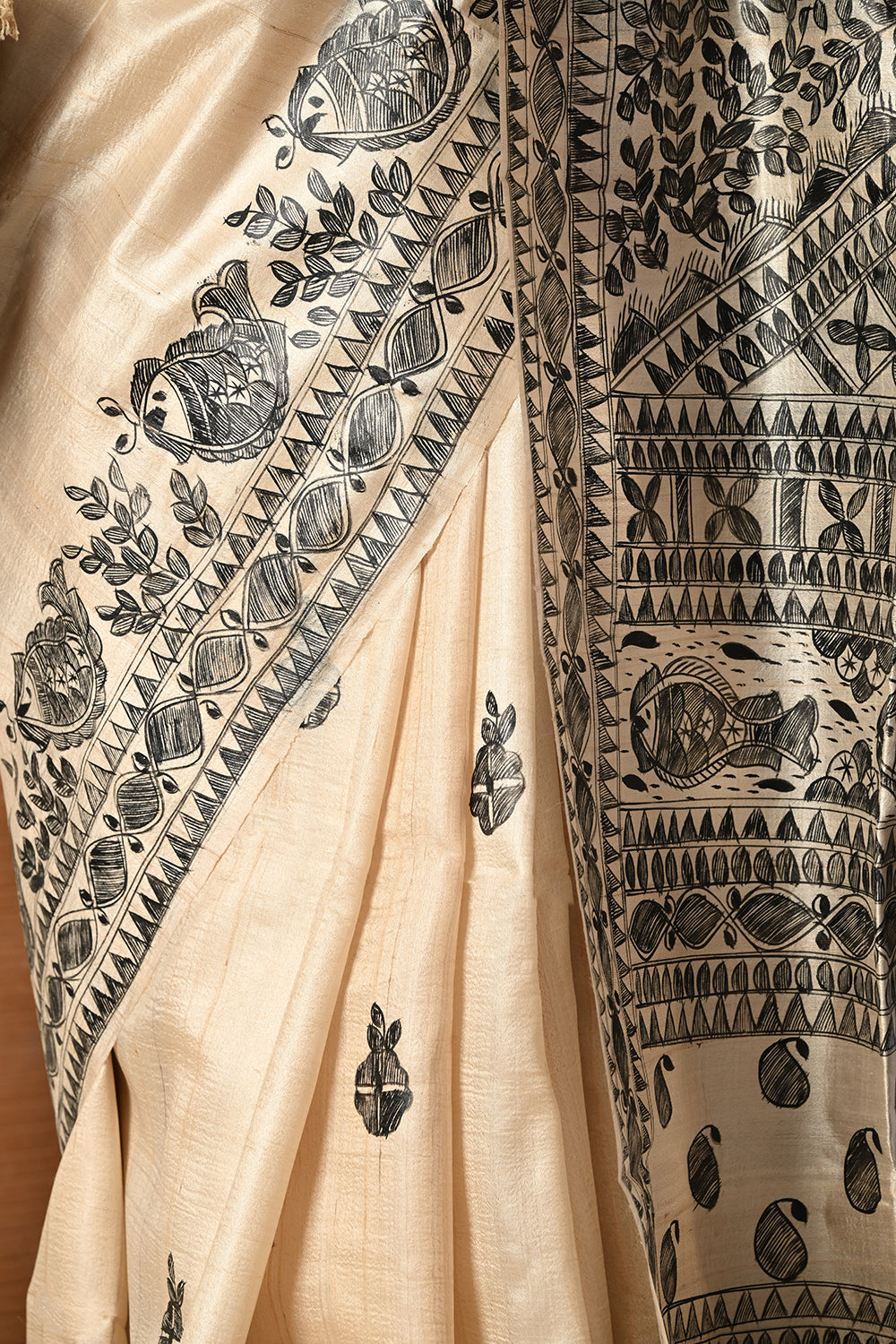Natural Color Desi Silki Fish Motif Madhubani HandPainted Saree