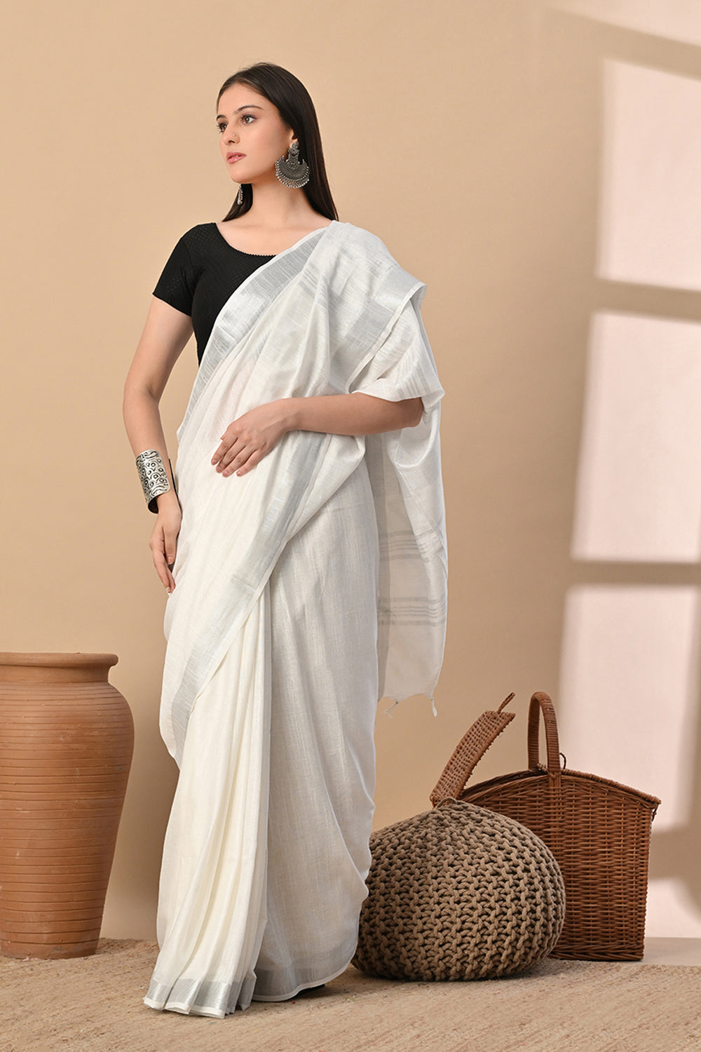 Whispers of White: Ivory Cotton Slub Saree with Silver Thread