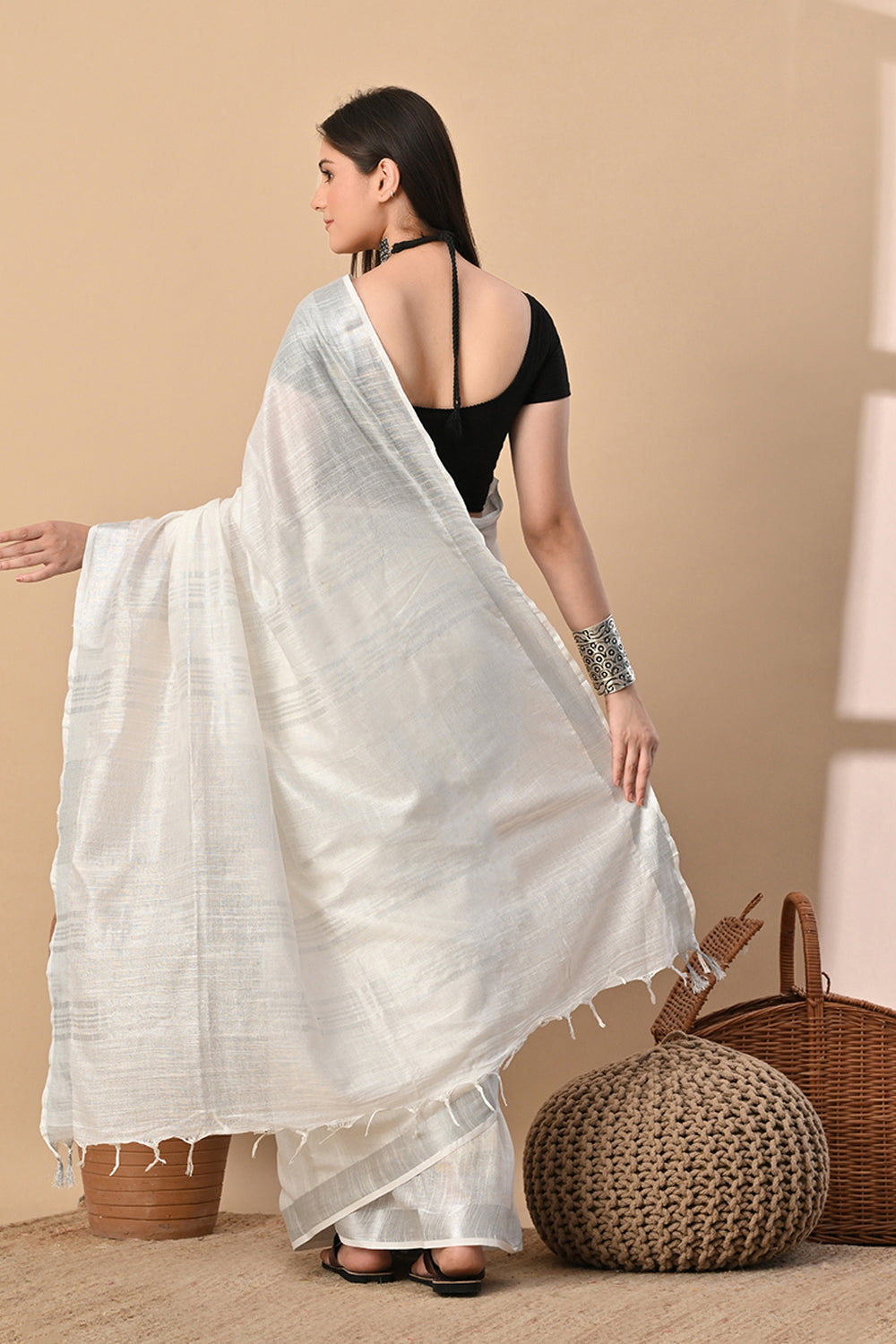 Whispers of White: Ivory Cotton Slub Saree with Silver Thread