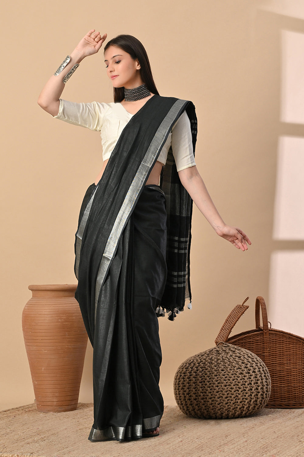 Midnight Serenity: Charcoal Black Cotton Slub Saree with Silver Glimmer