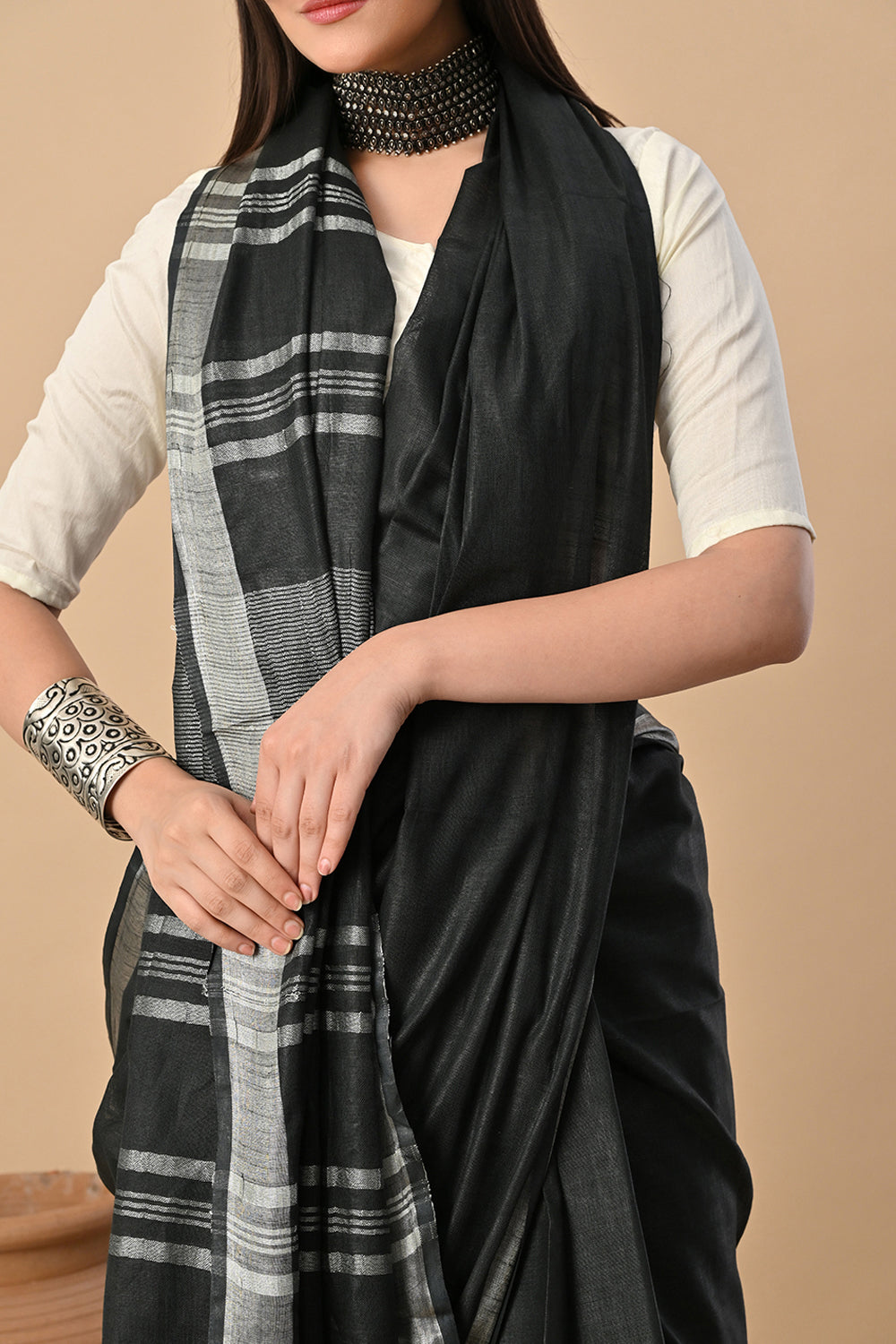 Midnight Serenity: Charcoal Black Cotton Slub Saree with Silver Glimmer