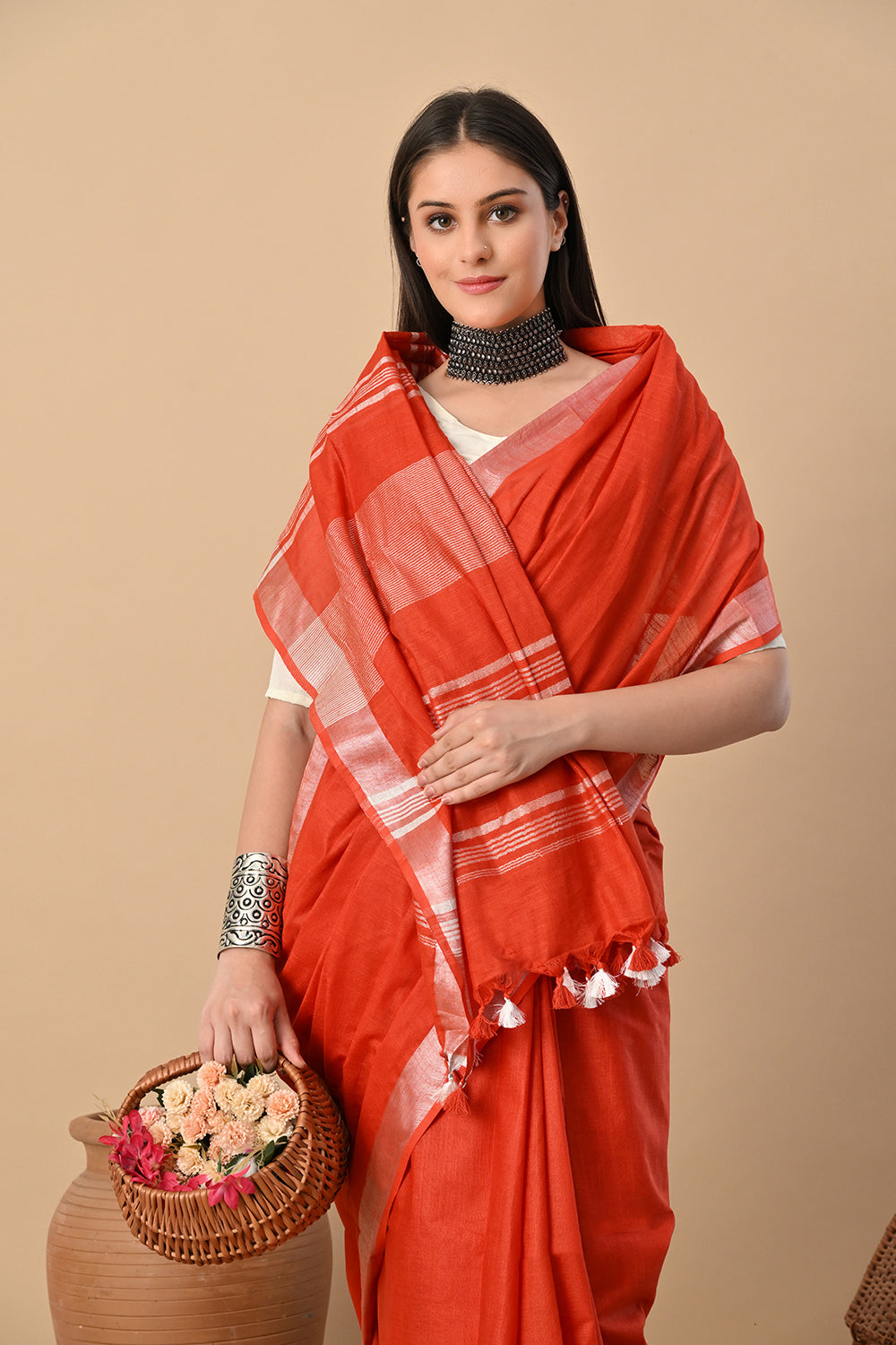 Terracotta Ember – Handwoven Rust Red Cotton Slub Saree with Subtle Zari Detailing
