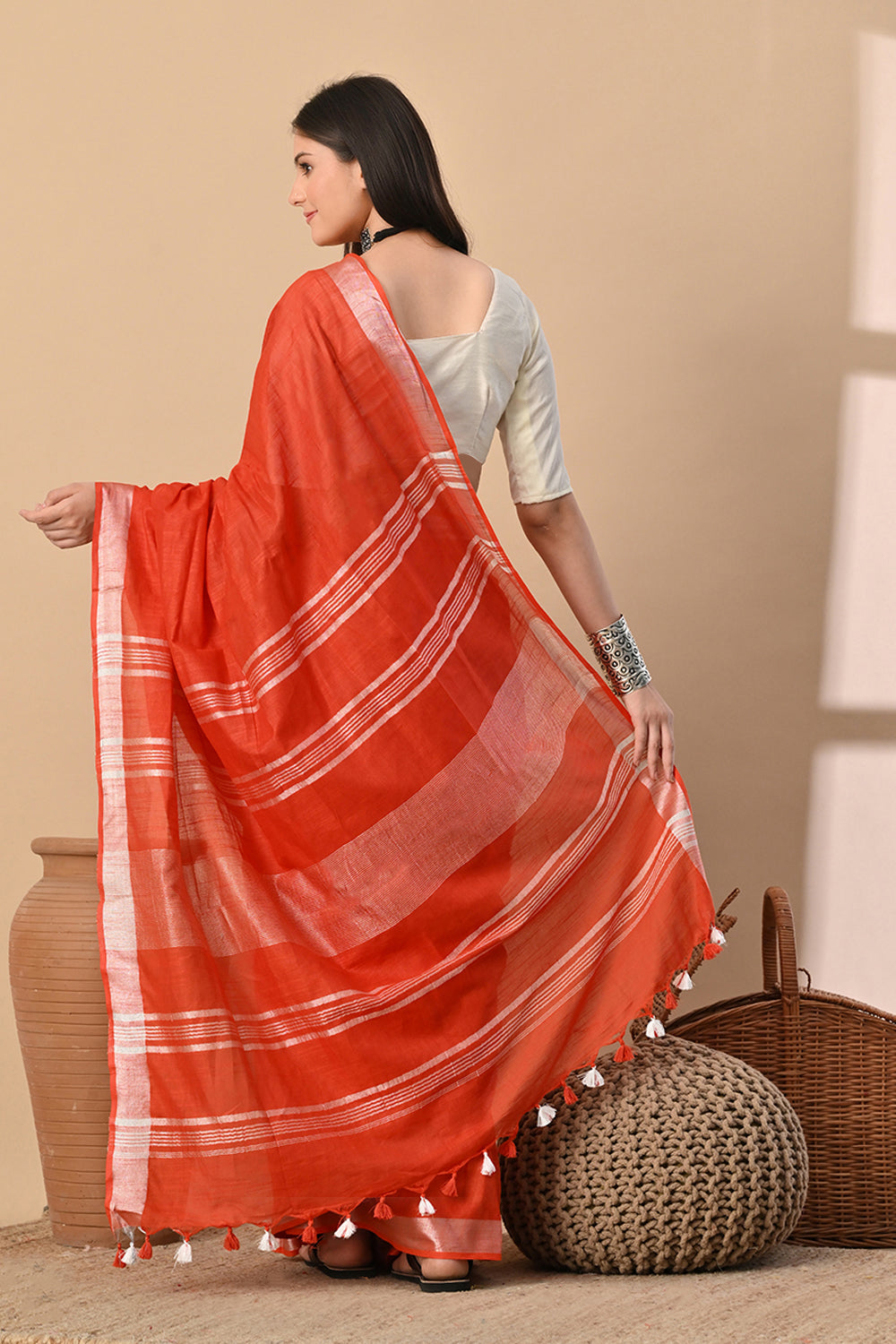 Terracotta Ember – Handwoven Rust Red Cotton Slub Saree with Subtle Zari Detailing
