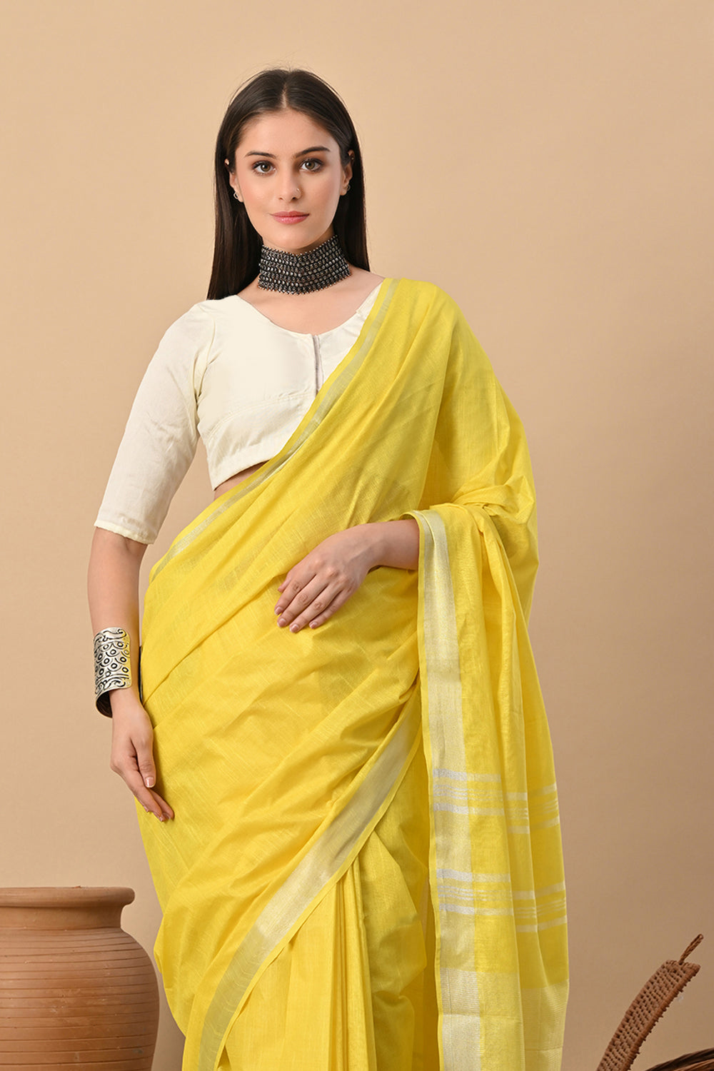 Sunfield Glow – Handwoven Yellow Cotton Slub Saree with Radiant Zari Accents