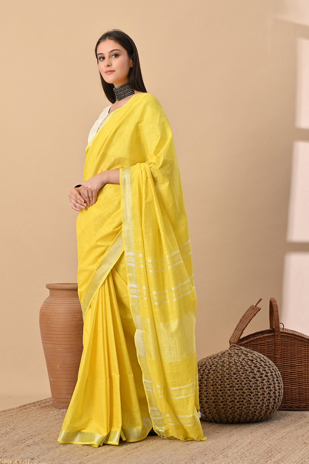 Sunfield Glow – Handwoven Yellow Cotton Slub Saree with Radiant Zari Accents