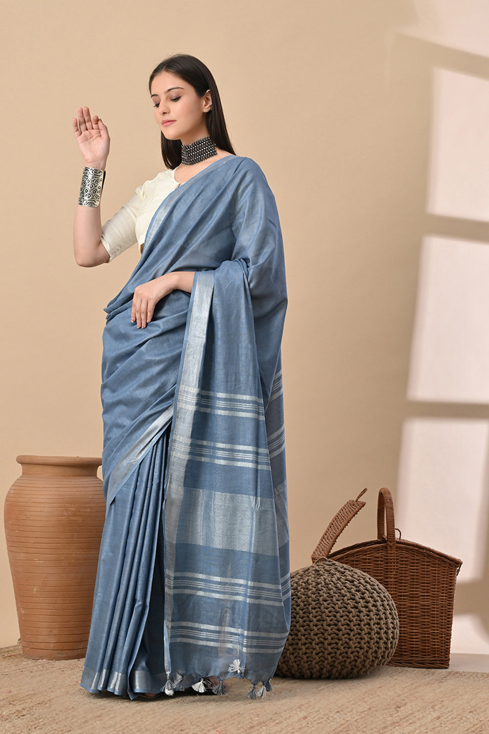 Misty Dusk – Handwoven Blue Cotton Slub Saree with Subtle Silver Shine