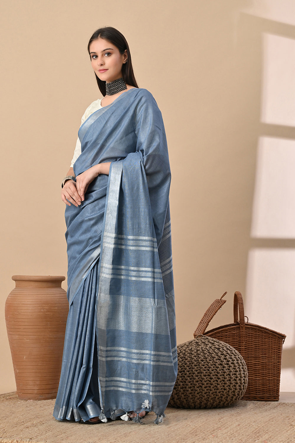 Misty Dusk – Handwoven Blue Cotton Slub Saree with Subtle Silver Shine