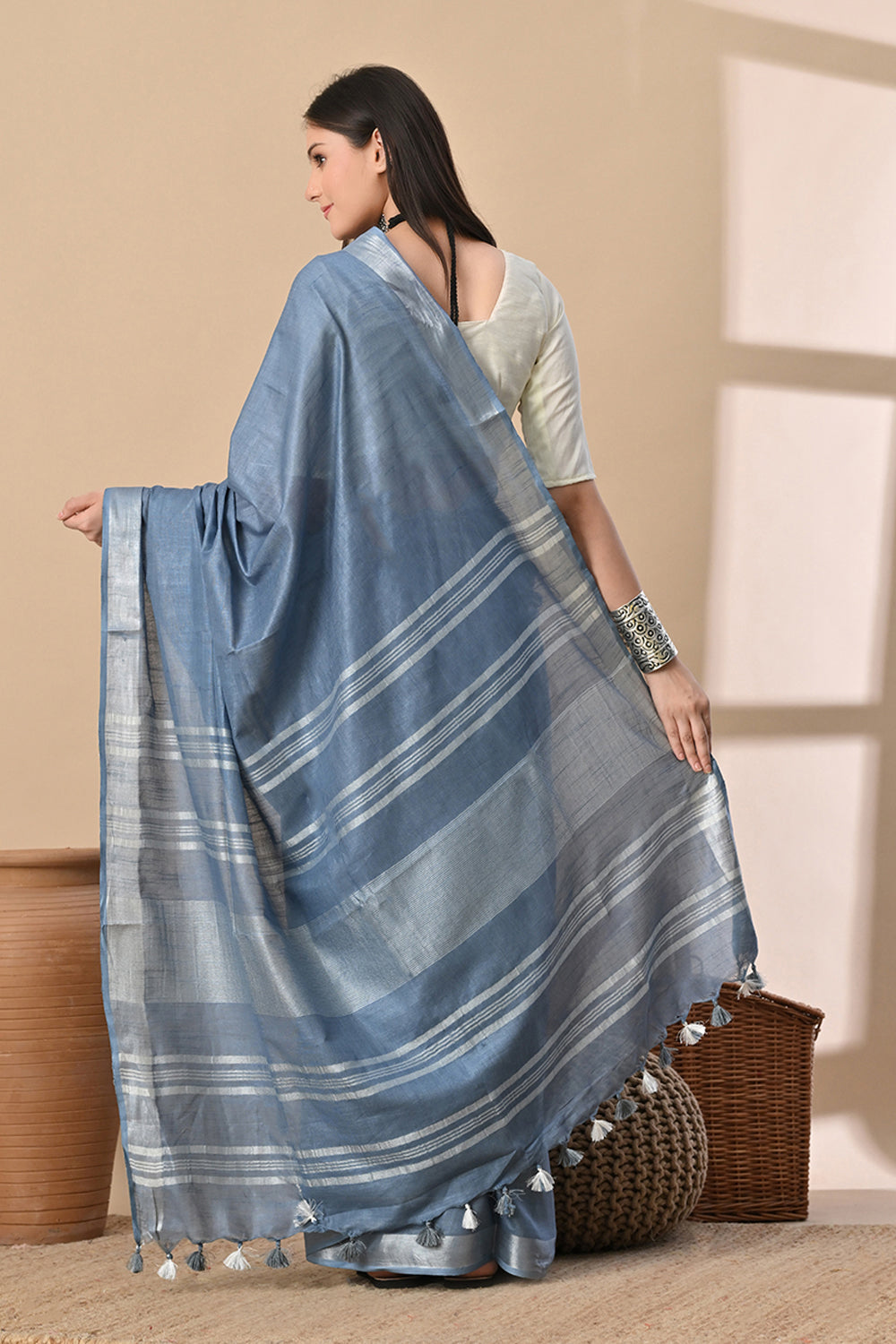 Misty Dusk – Handwoven Blue Cotton Slub Saree with Subtle Silver Shine