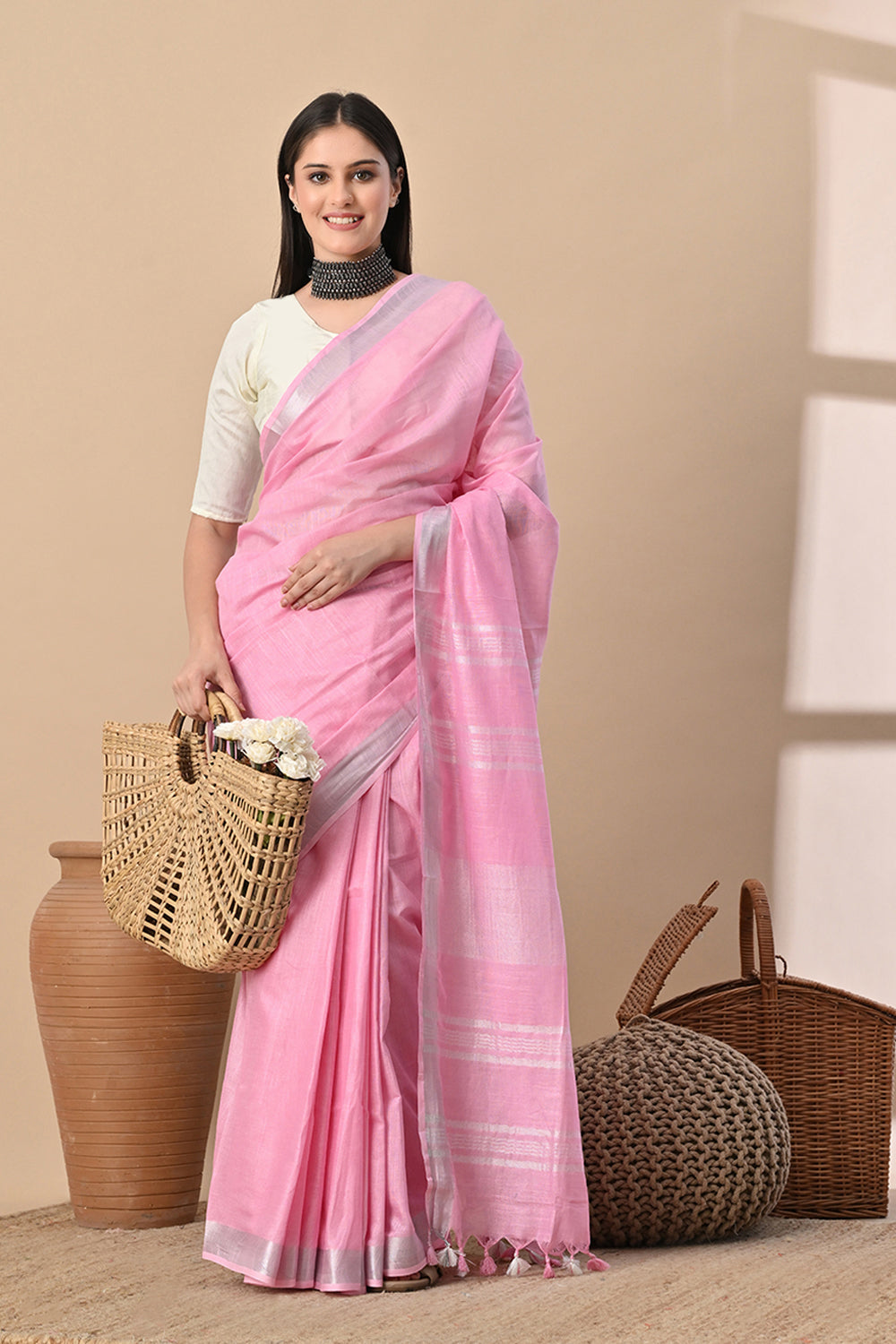 Blush Bloom – Handwoven Cotton Slub Saree with Soft Silver Elegance