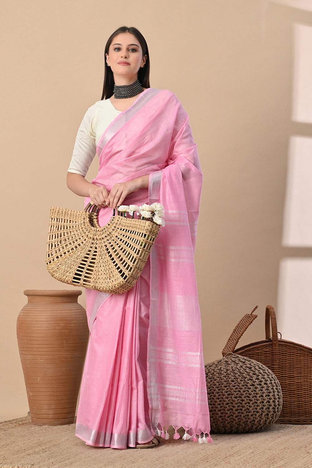 Blush Bloom – Handwoven Cotton Slub Saree with Soft Silver Elegance