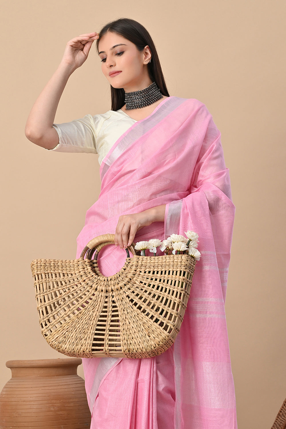 Blush Bloom – Handwoven Cotton Slub Saree with Soft Silver Elegance