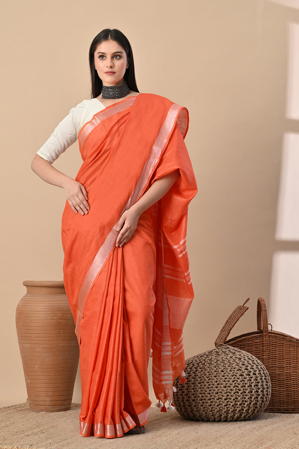 Tangerine Glow – Handwoven Cotton Slub Saree with Subtle Zari Charm