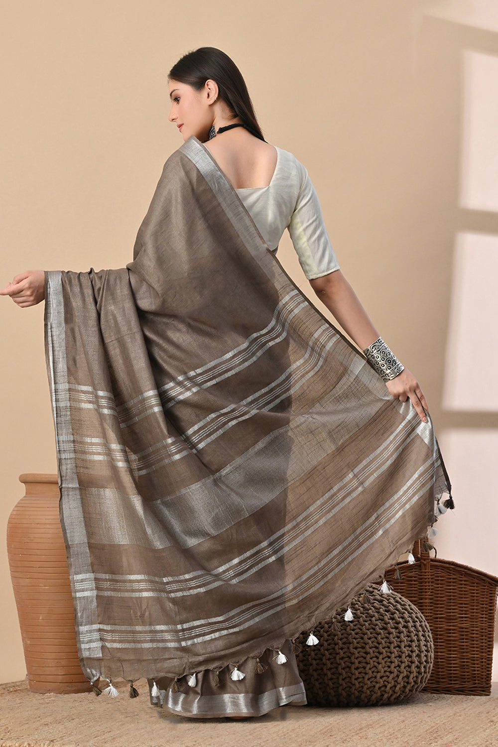 Earthbound Grace – Taupe Brown Cotton Slub Saree with Silver Accents