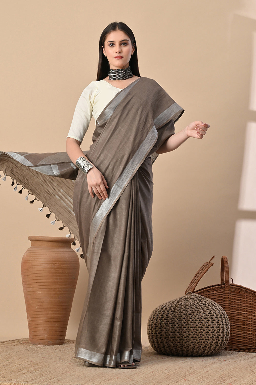 Earthbound Grace – Taupe Brown Cotton Slub Saree with Silver Accents