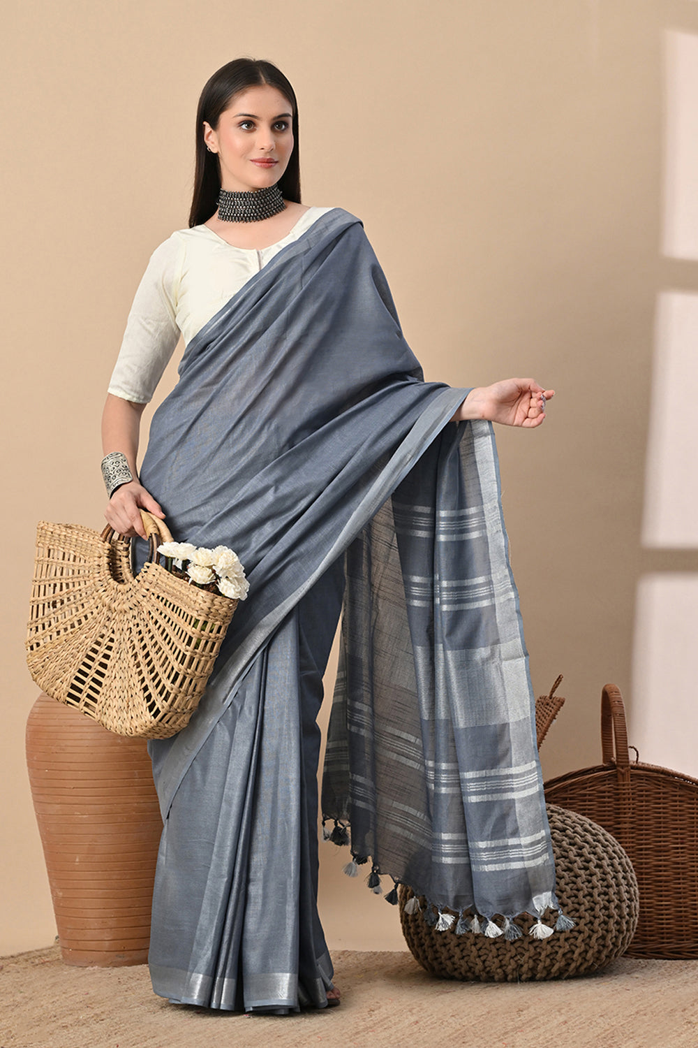 Grey Grace – Buttery Soft Cotton Slub Saree