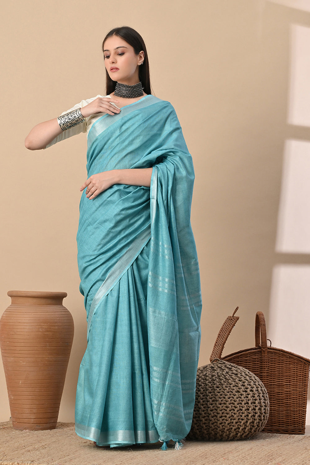 Aqua Serenity – Light Blue Cotton Slub Saree with Subtle Silver Weave