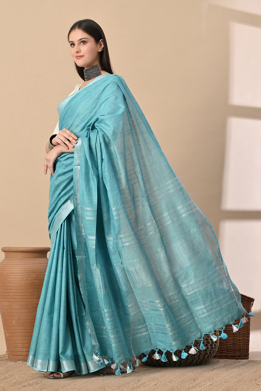 Aqua Serenity – Light Blue Cotton Slub Saree with Subtle Silver Weave