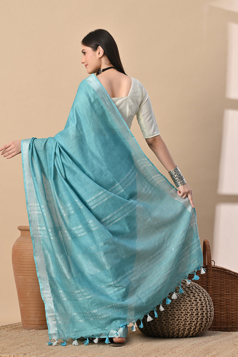 Aqua Serenity – Light Blue Cotton Slub Saree with Subtle Silver Weave