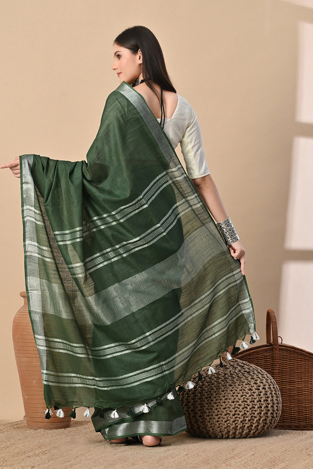 Forest Whisper – Deep Green Cotton Slub Saree with Subtle Silver Accents