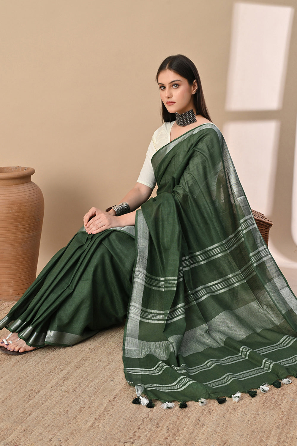 Forest Whisper – Deep Green Cotton Slub Saree with Subtle Silver Accents