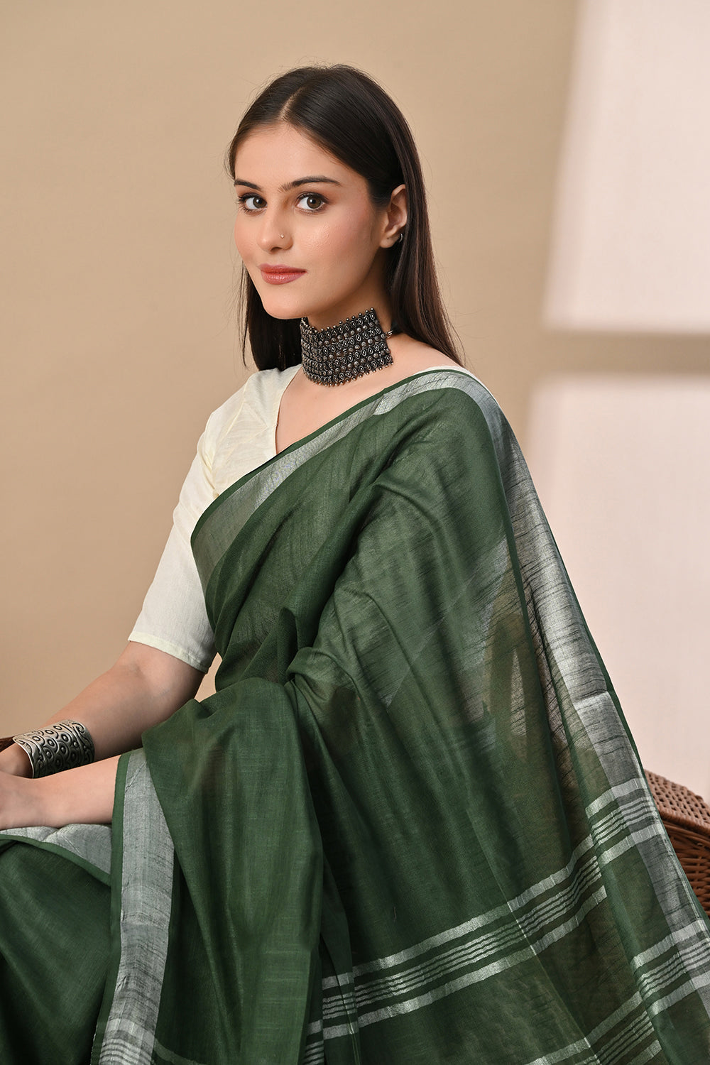 Forest Whisper – Deep Green Cotton Slub Saree with Subtle Silver Accents
