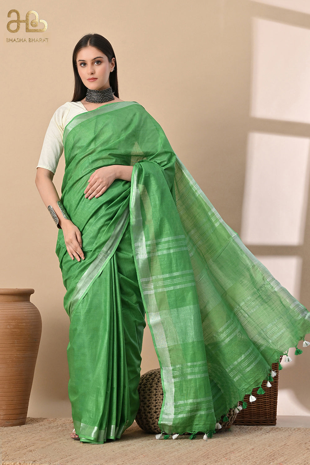 Meadow Muse – Fresh Green Cotton Slub Saree with Silver Hints