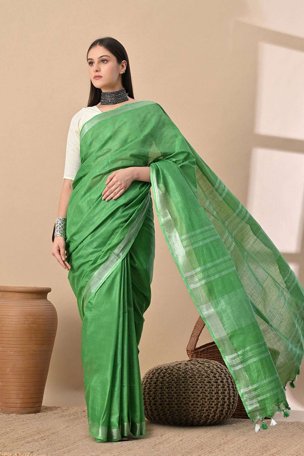 Meadow Muse – Fresh Green Cotton Slub Saree with Silver Hints