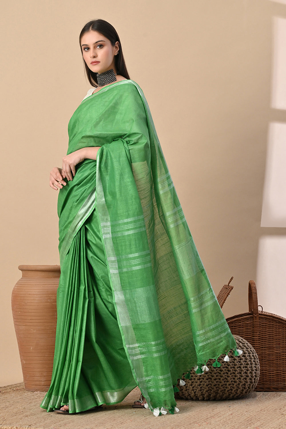 Meadow Muse – Fresh Green Cotton Slub Saree with Silver Hints