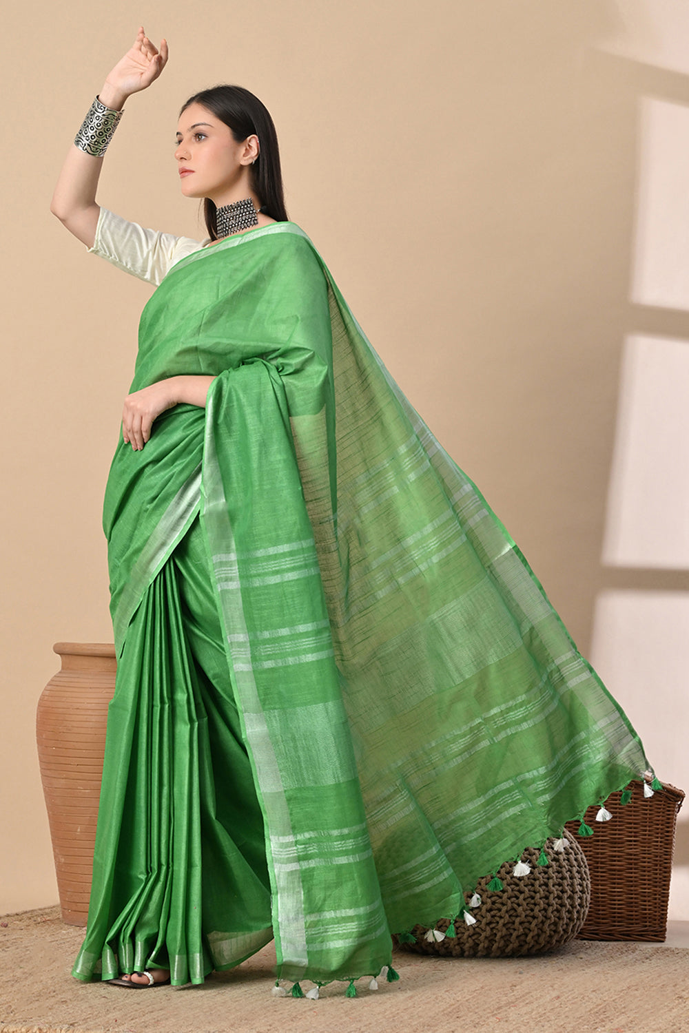 Meadow Muse – Fresh Green Cotton Slub Saree with Silver Hints