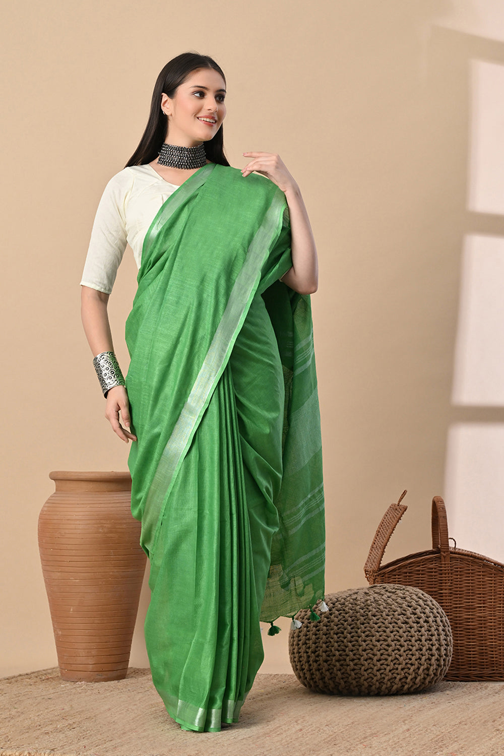 Meadow Muse – Fresh Green Cotton Slub Saree with Silver Hints