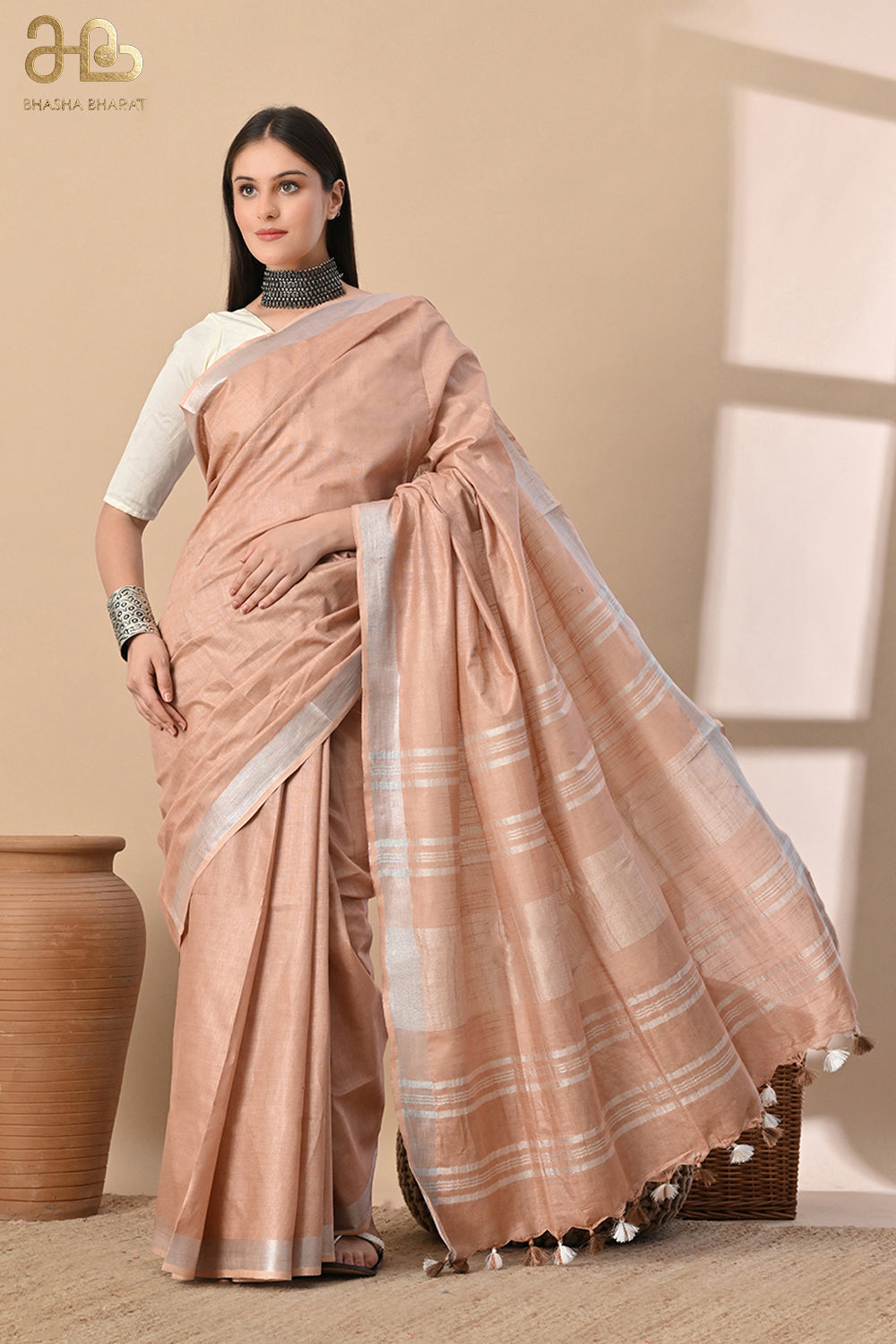 Sands of Elegance – Beige Cotton Slub Saree with Subtle Silver Accents
