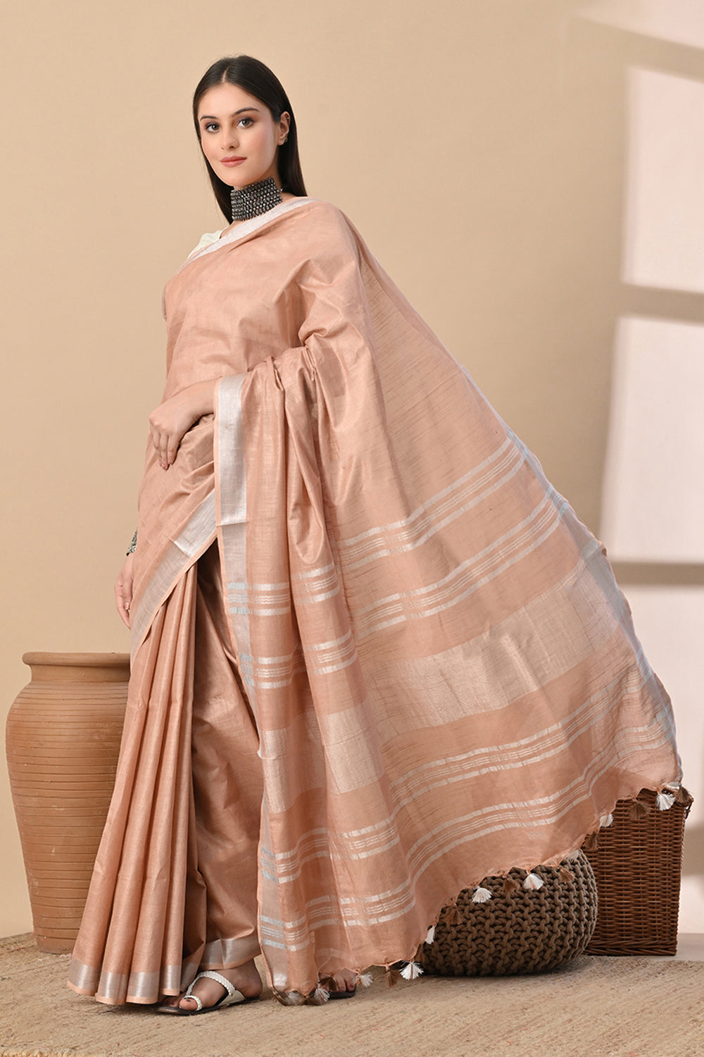 Sands of Elegance – Beige Cotton Slub Saree with Subtle Silver Accents