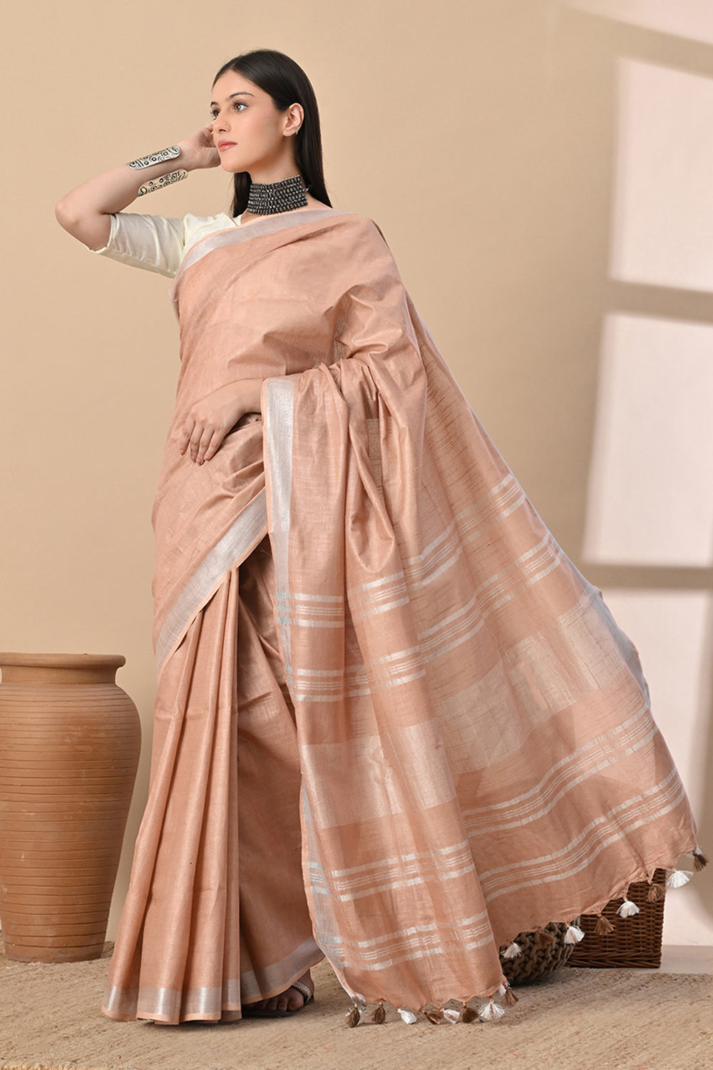 Sands of Elegance – Beige Cotton Slub Saree with Subtle Silver Accents