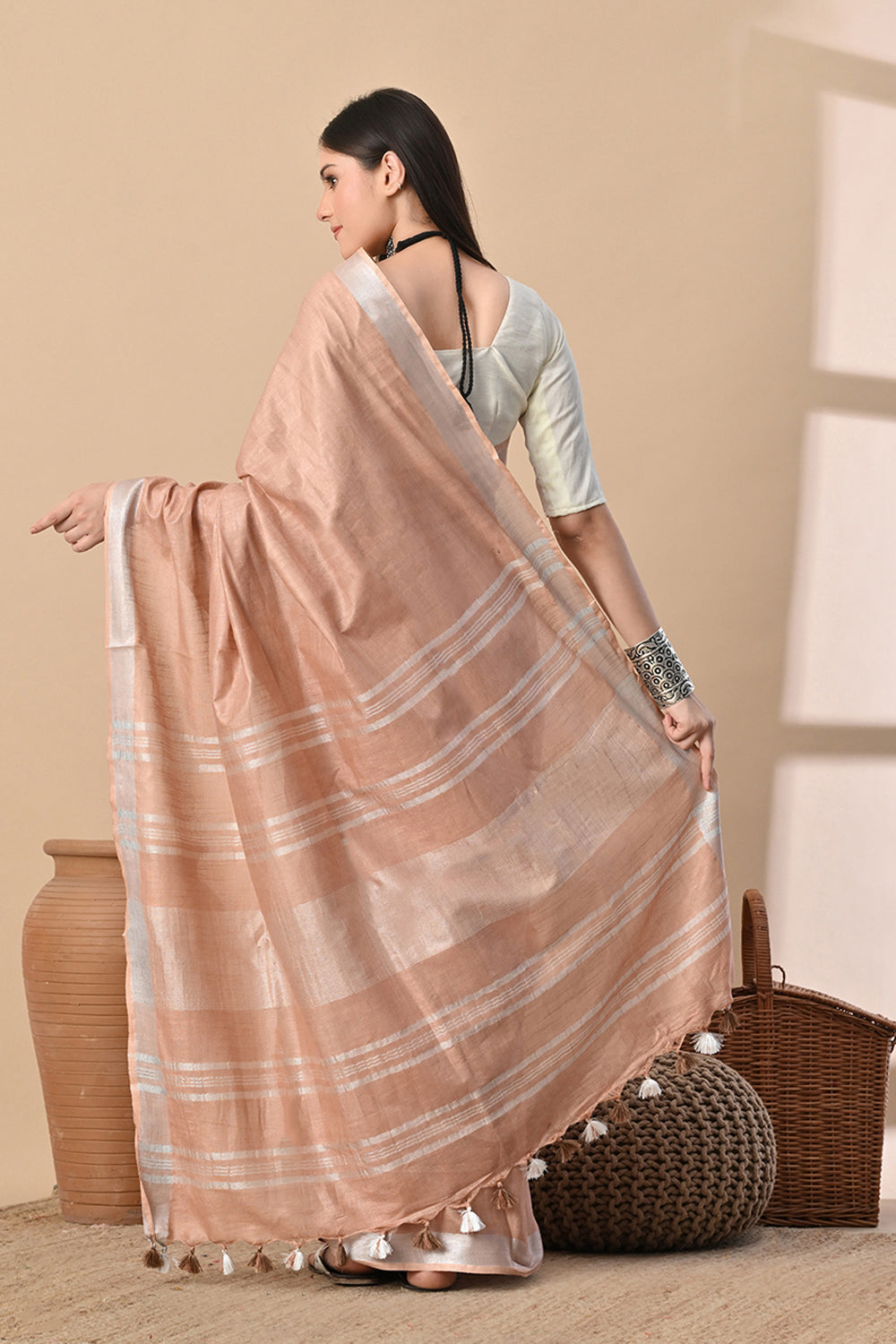 Sands of Elegance – Beige Cotton Slub Saree with Subtle Silver Accents