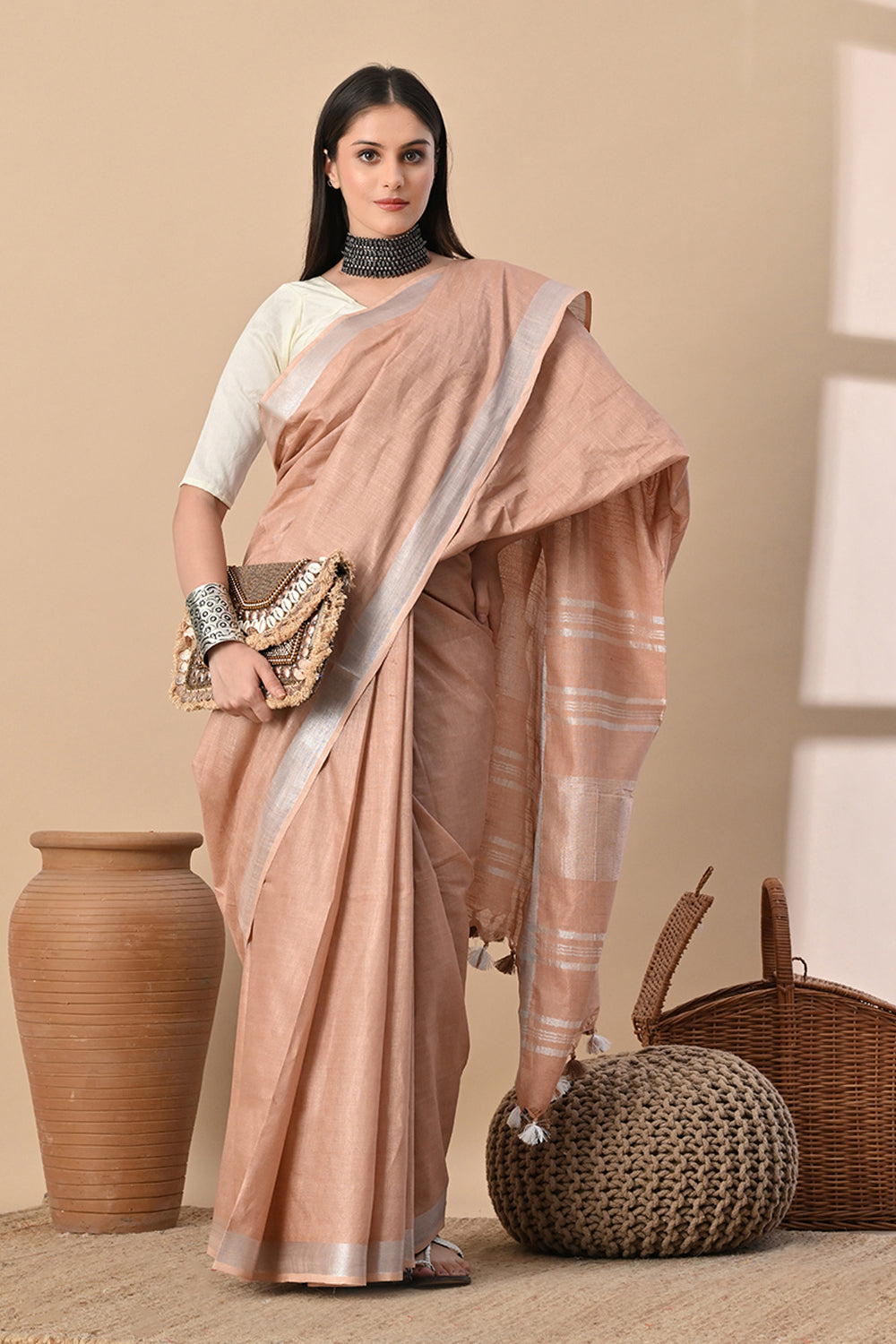 Sands of Elegance – Beige Cotton Slub Saree with Subtle Silver Accents