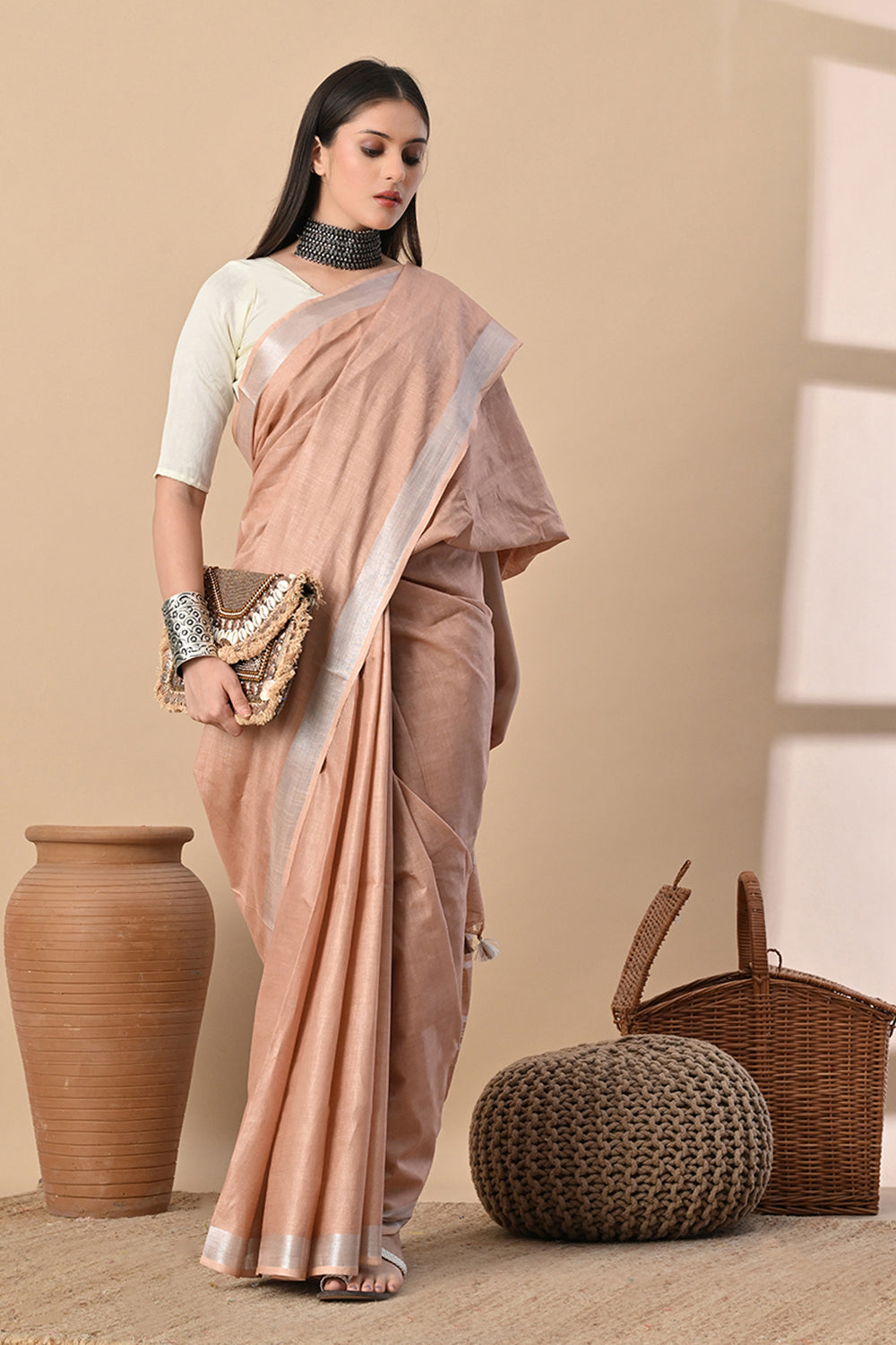 Sands of Elegance – Beige Cotton Slub Saree with Subtle Silver Accents