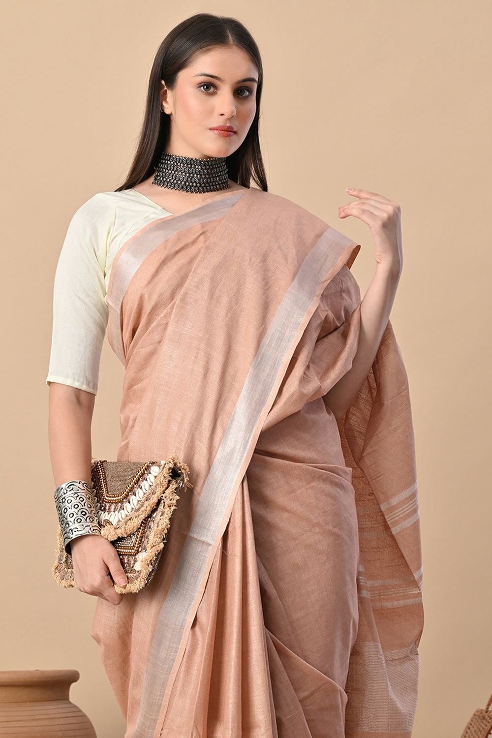 Sands of Elegance – Beige Cotton Slub Saree with Subtle Silver Accents