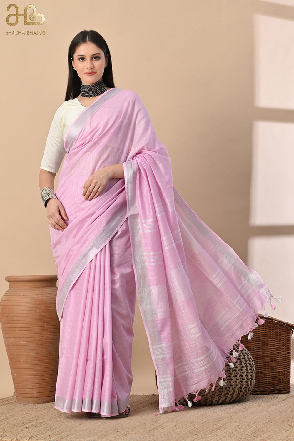 Serene Whisper – Baby Pink Cotton Slub Saree with Subtle Silver Gleam