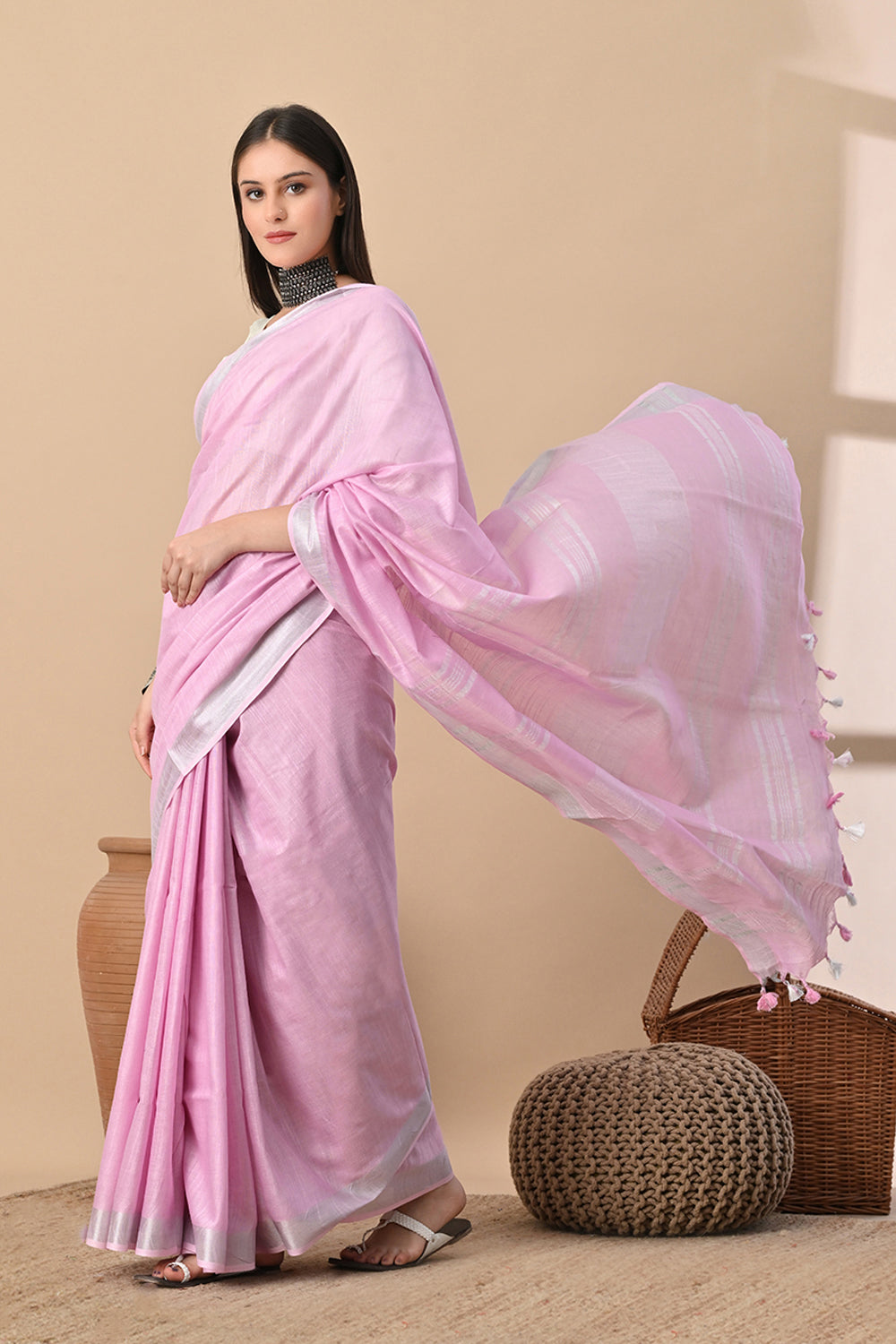 Serene Whisper – Baby Pink Cotton Slub Saree with Subtle Silver Gleam