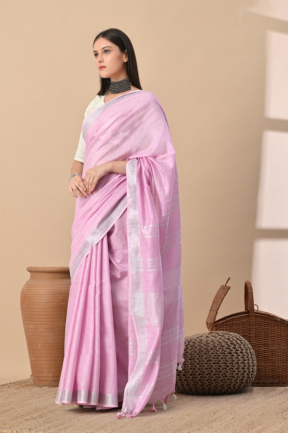 Serene Whisper – Baby Pink Cotton Slub Saree with Subtle Silver Gleam