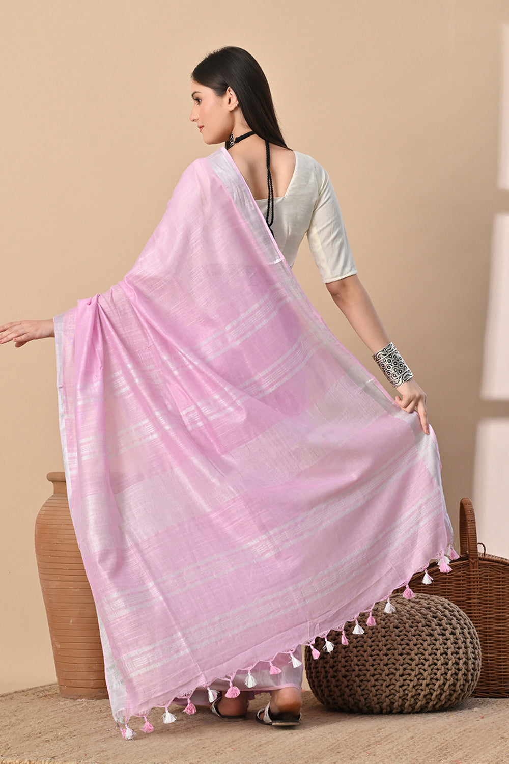 Serene Whisper – Baby Pink Cotton Slub Saree with Subtle Silver Gleam