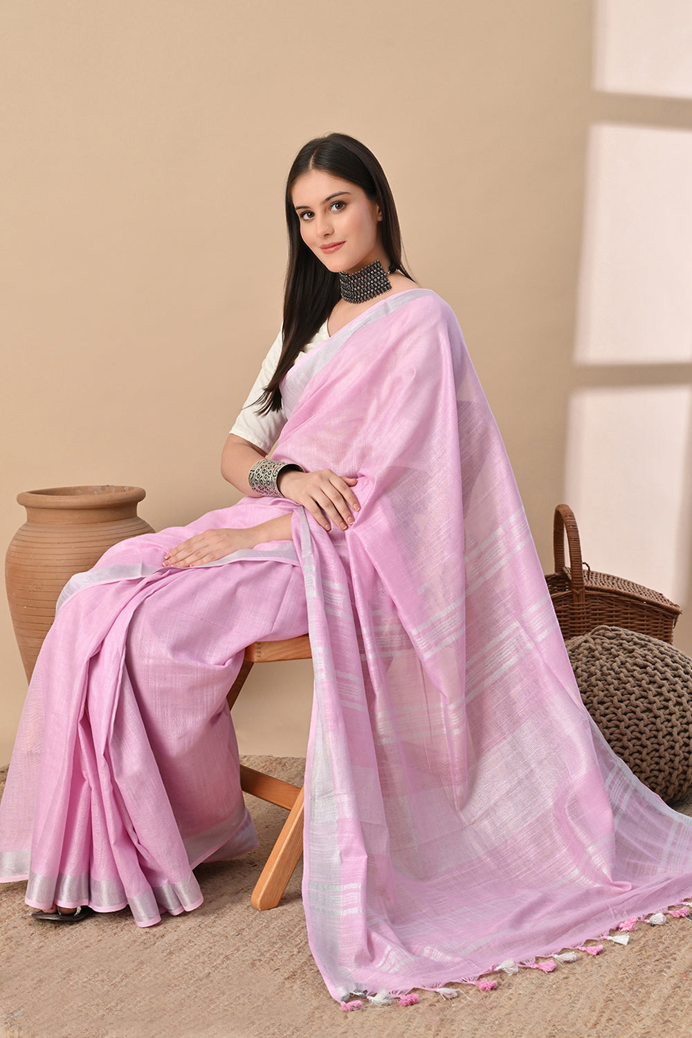 Serene Whisper – Baby Pink Cotton Slub Saree with Subtle Silver Gleam