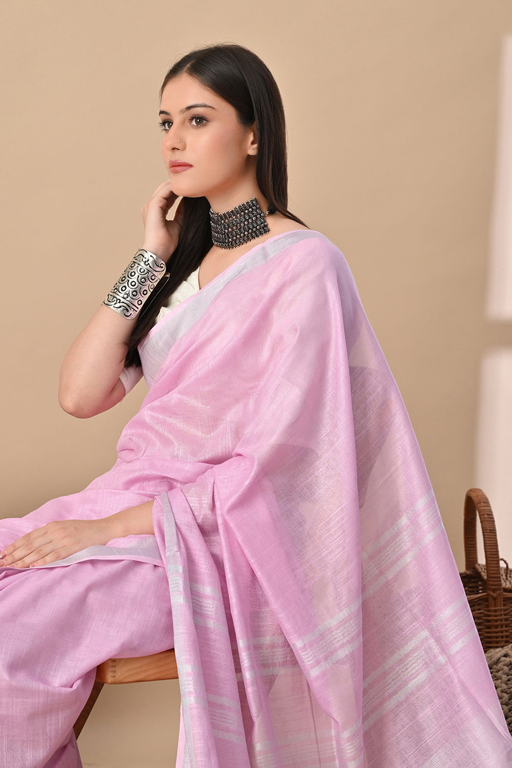 Serene Whisper – Baby Pink Cotton Slub Saree with Subtle Silver Gleam