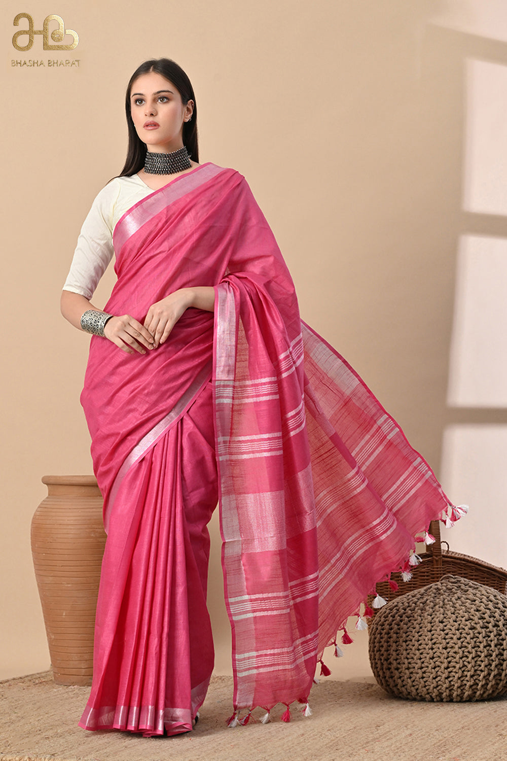 Blush Bloom – Rose Pink Cotton Slub Saree with Shimmering Accents