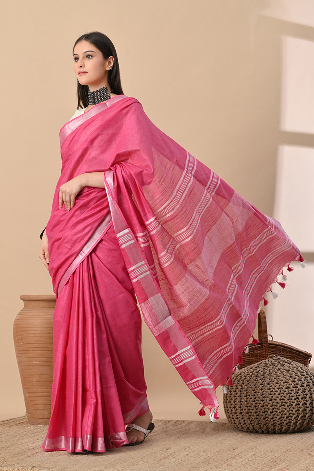 Blush Bloom – Rose Pink Cotton Slub Saree with Shimmering Accents