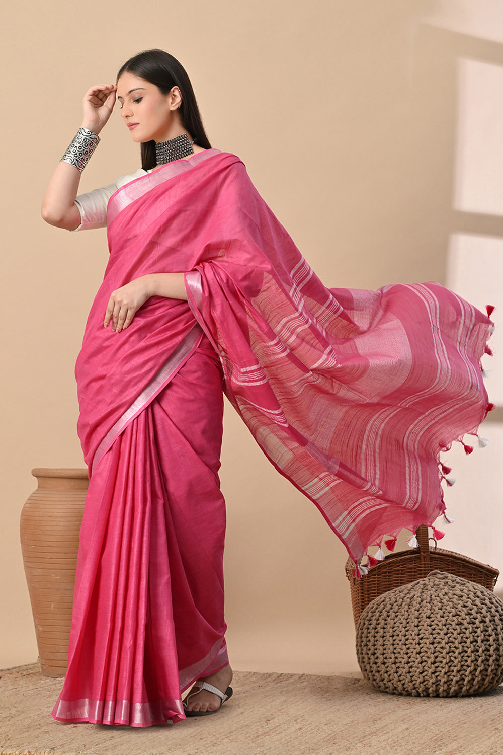 Blush Bloom – Rose Pink Cotton Slub Saree with Shimmering Accents