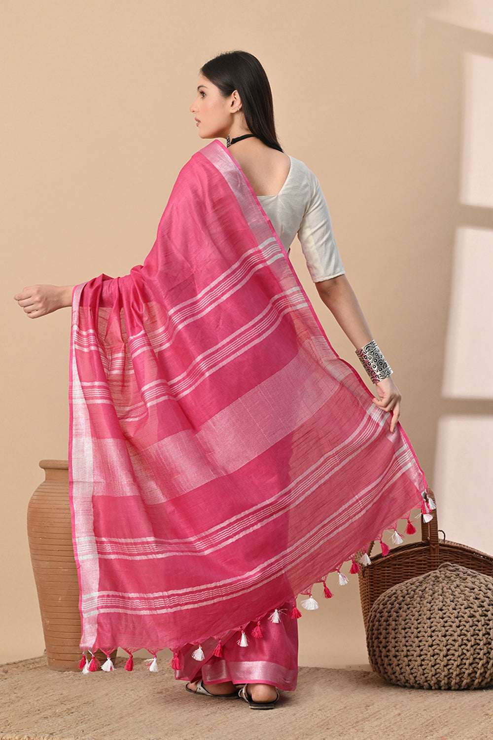 Blush Bloom – Rose Pink Cotton Slub Saree with Shimmering Accents
