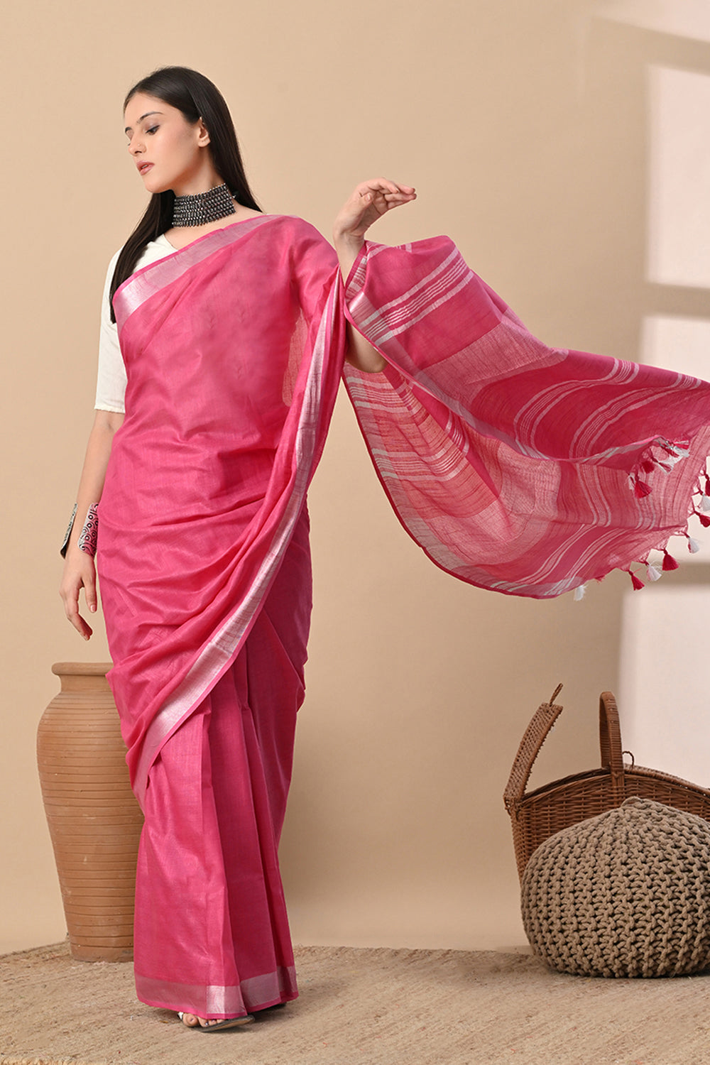Blush Bloom – Rose Pink Cotton Slub Saree with Shimmering Accents
